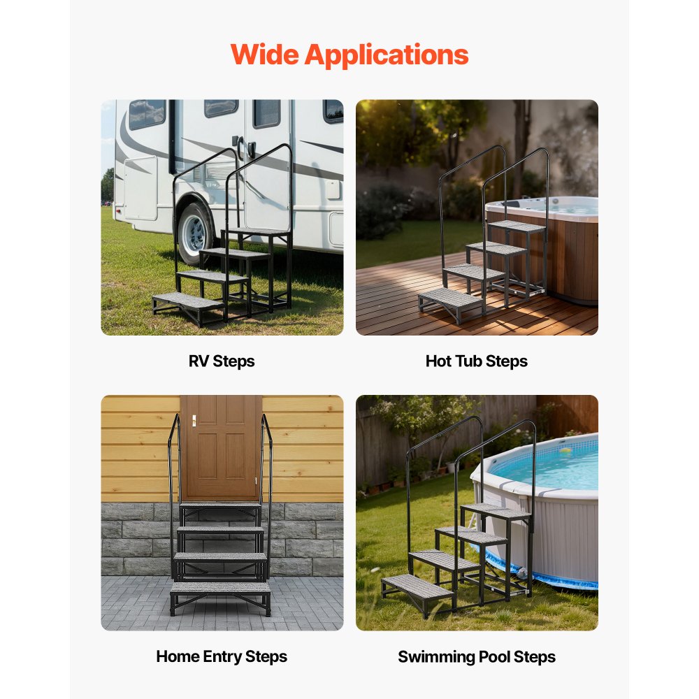 VEVOR RV Steps with Dual Handrails, 4 Steps, 660 lbs Load Capacity, Heavy Duty Outdoor RV Stairs with Non-Slip Mat for Elderly/Pets, Portable Stairs for Hot Tub, Camper, Mobile Home, Porch, Pool, SPA