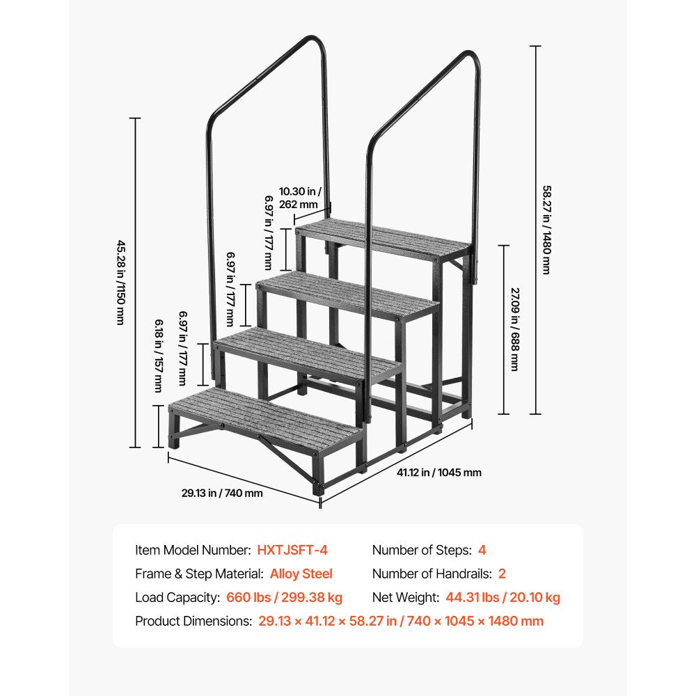 VEVOR RV Steps with Dual Handrails, 4 Steps, 660 lbs Load Capacity, Heavy Duty Outdoor RV Stairs with Non-Slip Mat for Elderly/Pets, Portable Stairs for Hot Tub, Camper, Mobile Home, Porch, Pool, SPA