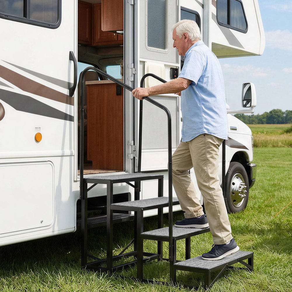 VEVOR RV Steps with Dual Handrails, 4 Steps, 660 lbs Load Capacity, Heavy Duty Outdoor RV Stairs with Non-Slip Mat for Elderly/Pets, Portable Stairs for Hot Tub, Camper, Mobile Home, Porch, Pool, SPA