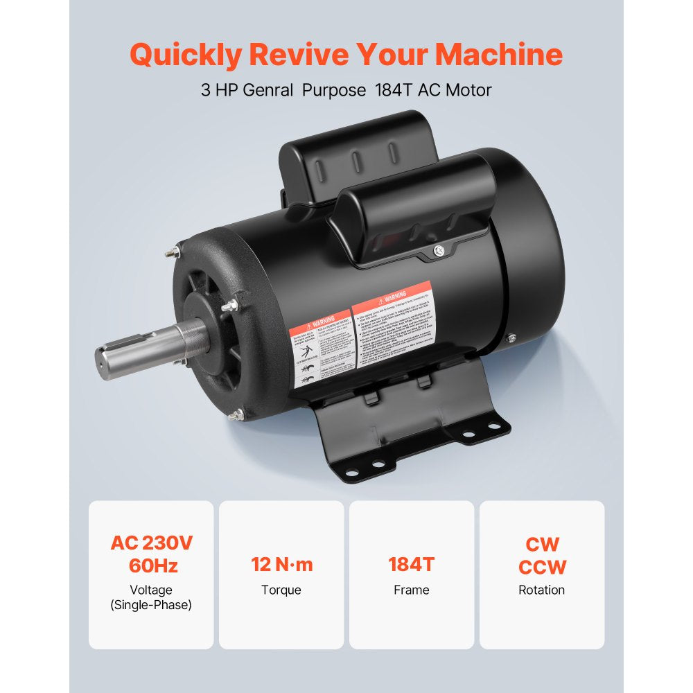 VEVOR 3 HP Electric Motor, 1750RPM Air Compressor Motor, CW/CCW Rotation, 1.125 inch Shaft Diameter, 2.75inch Shaft Length, 12N.m Torque, Single-Phase, TEFC Cooling, 230V, 184T Frame