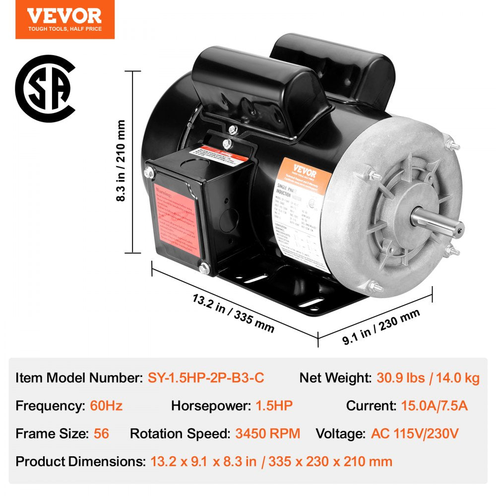 VEVOR 1.5HP Electric Motor 3450 rpm, AC 115V/230V, 56 Frame, Air Compressor Motor Single Phase, 5/8" Keyed Shaft, CW/CCW Rotation for Agricultural Machinery and General Equipment