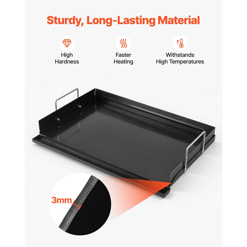 VEVOR Carbon Steel Griddle 24x16 inch Flat Top Pre-Seasoned Plate Handle, for BBQ Eggs Burger, Even Heat Distribution, Non-Stick Portable Rectangular Family Cookware for Outdoor Gas Grill/Stove, Oven