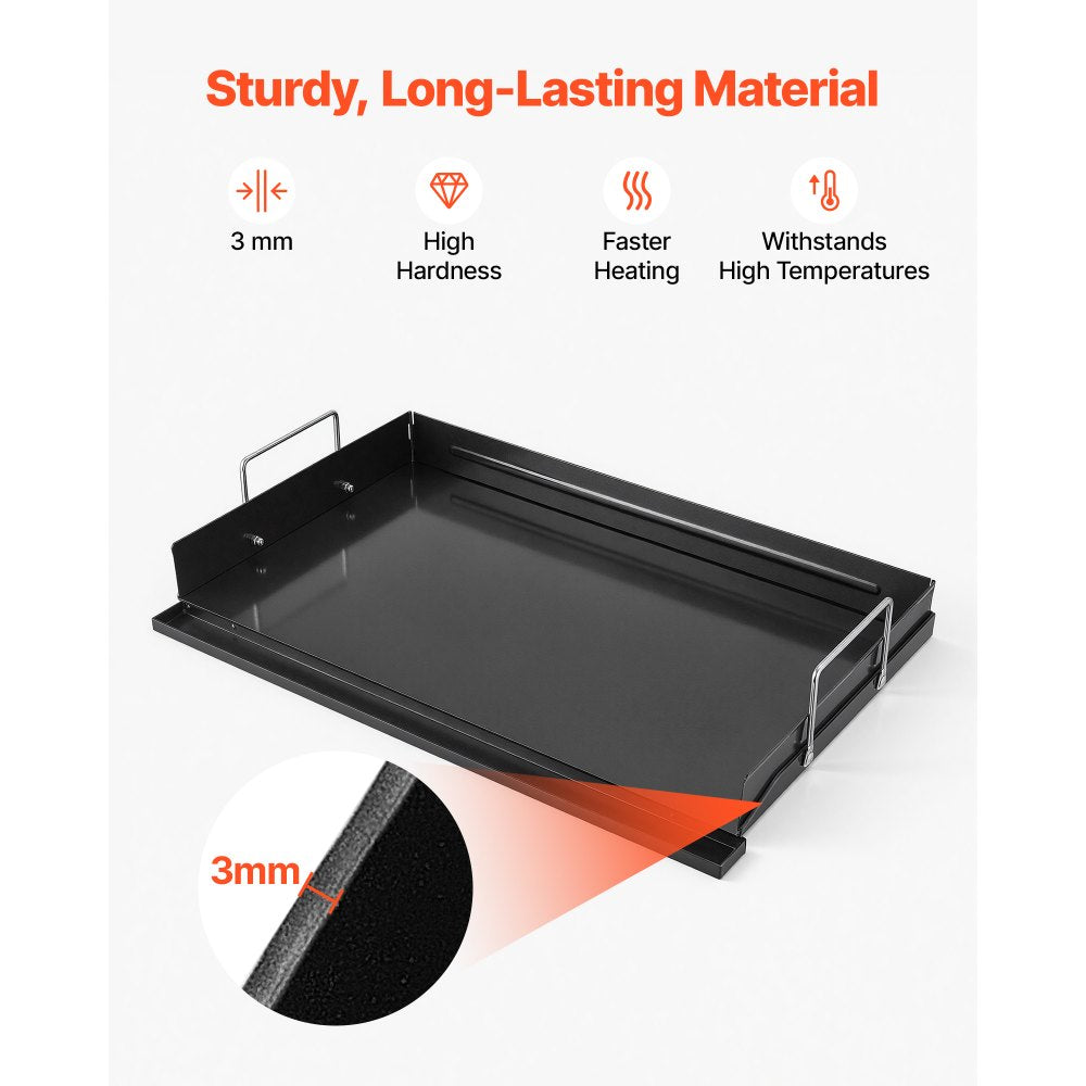 VEVOR Carbon Steel Griddle 25x16 inch Flat Top Pre-Seasoned Plate Handle, for BBQ Eggs Burger, Even Heat Distribution, Non-Stick Portable Rectangular Family Cookware for Outdoor Gas Grill/Stove, Oven