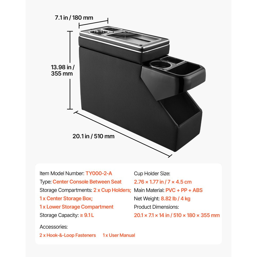 VEVOR Center Console Between Seat Floor Mount Console Storage Box, Central-Console Tools Organizer with Sliding Lid, Cups Holders & Multiple Storage Compartments for Trucks, Minivans, SUVs