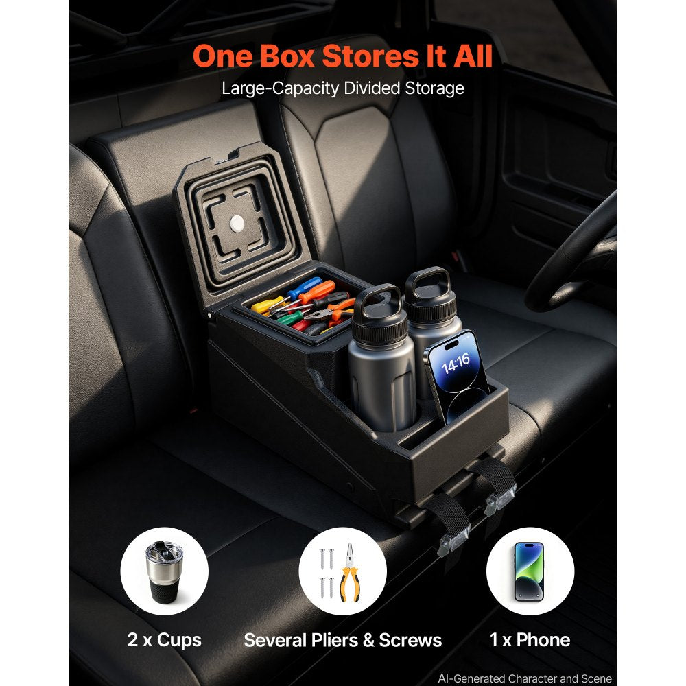 VEVOR UTV Center Console Bench Seat Box Lockable Armrest Storage Box, HDPE Central Console Tools Organizer with Cups and Phone Holder - Compatible with Polaris Ranger & 2017-2026 Can-Am Defender