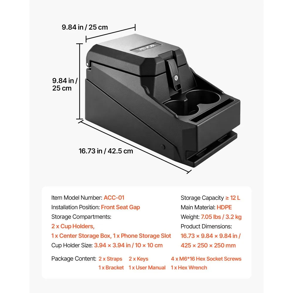 VEVOR UTV Center Console Bench Seat Box Lockable Armrest Storage Box, HDPE Central Console Tools Organizer with Cups and Phone Holder - Compatible with Polaris Ranger & 2017-2026 Can-Am Defender
