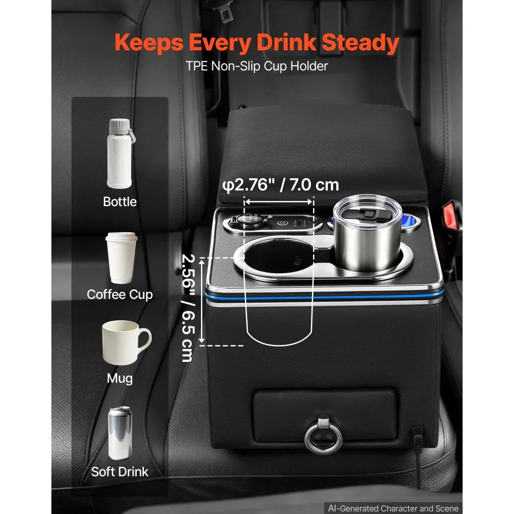 VEVOR Universal Rear Bench Seat Center Console with 7-Color Ambient Lights, USB/Type-C/Cigarette Lighter Charging, Back Seat Central Console Organizer with Cup & Phone Holders for MPV, Sedan, SUV