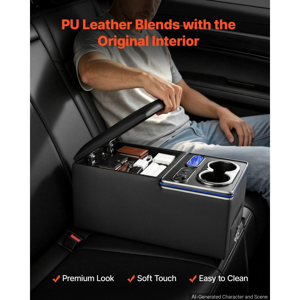 VEVOR Universal Rear Bench Seat Center Console with 7-Color Ambient Lights, USB/Type-C/Cigarette Lighter Charging, Back Seat Central Console Organizer with Cup & Phone Holders for MPV, Sedan, SUV