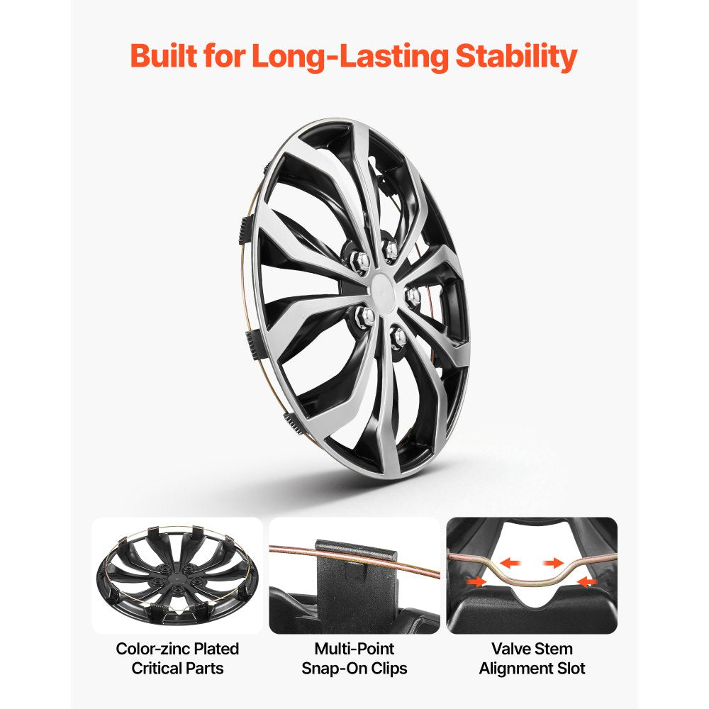VEVOR Hubcaps Wheel Covers, 15 Inch Set of 4 Wheel Rim Cover Hubcaps OEM Replacement, R15 Size Snap On Car Hub Caps, Universal 10-Spoke ABS Tire Rim Caps for Hyundai Chevrolet Ford Honda, Silver/Black