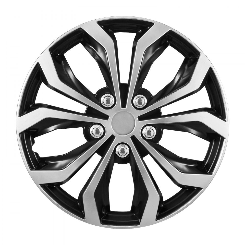VEVOR Hubcaps Wheel Covers, 15 Inch Set of 4 Wheel Rim Cover Hubcaps OEM Replacement, R15 Size Snap On Car Hub Caps, Universal 10-Spoke ABS Tire Rim Caps for Hyundai Chevrolet Ford Honda, Silver/Black