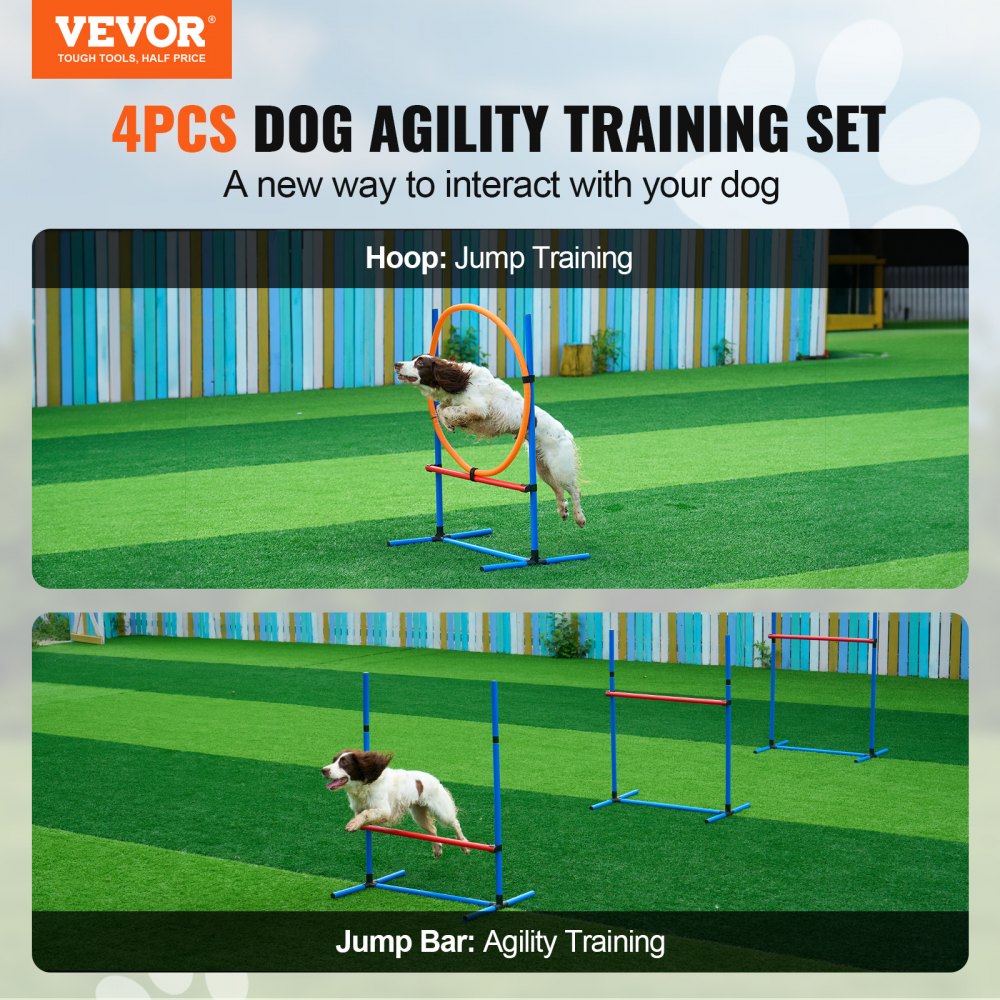 VEVOR Dog Agility Training Equipment, 4 PCS Set - Adjustable High Hurdles and Jump Ring, Puppy Obstacle Course Jump Starter Kit with Poles Storage Bag for Backyard, Indoor, Outdoor