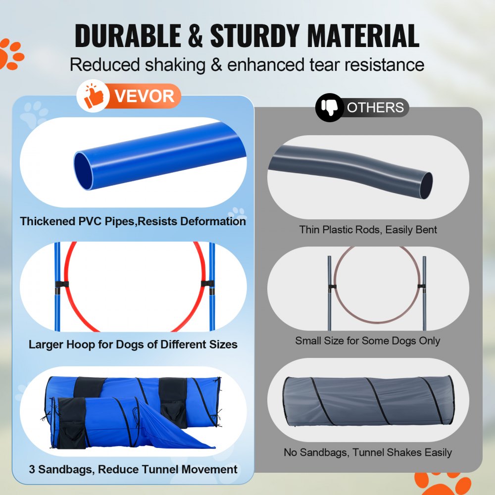 VEVOR Dog Agility Training Equipment, 7 PCS Set w/ Adjustable High Hurdles,6 Weave Poles,2 Tunnels,Jump Ring,Pause Box,Whistle,Foldable Bowl,Puppy Obstacle Course Kit w/ 3 Bags