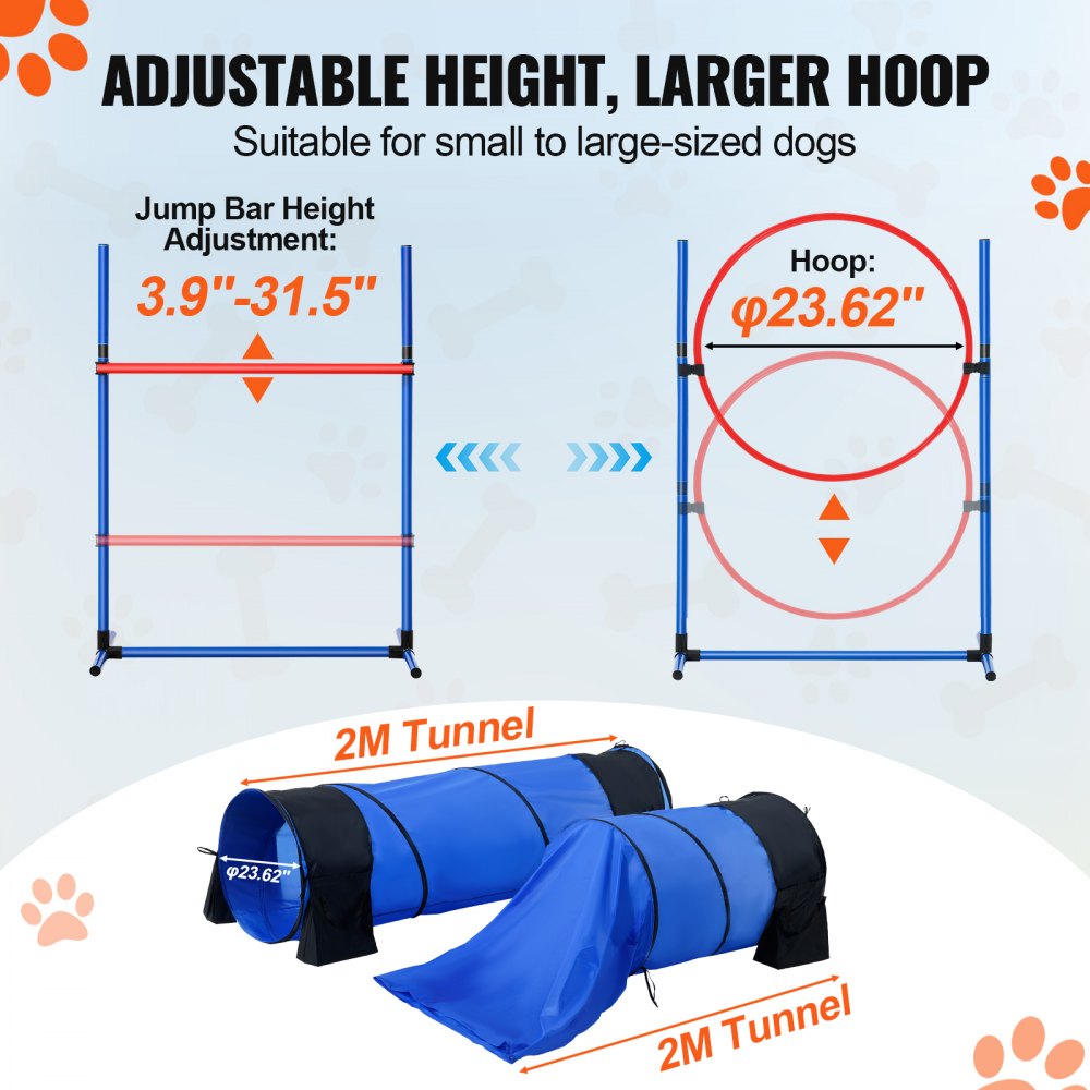 VEVOR Dog Agility Training Equipment, 7 PCS Set w/ Adjustable High Hurdles,6 Weave Poles,2 Tunnels,Jump Ring,Pause Box,Whistle,Foldable Bowl,Puppy Obstacle Course Kit w/ 3 Bags