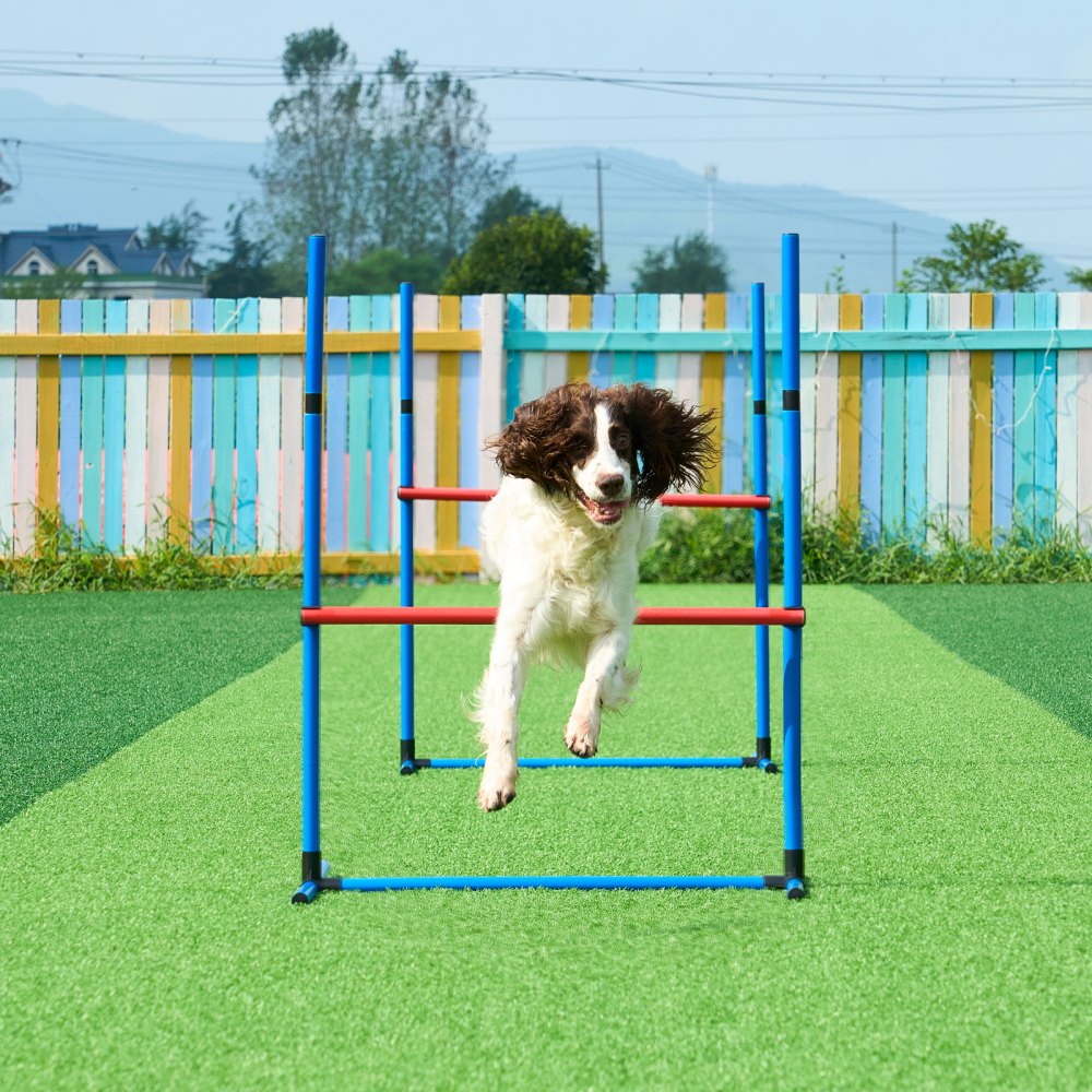 VEVOR Dog Agility Training Equipment, 7 PCS Set w/ Adjustable High Hurdles,6 Weave Poles,2 Tunnels,Jump Ring,Pause Box,Whistle,Foldable Bowl,Puppy Obstacle Course Kit w/ 3 Bags