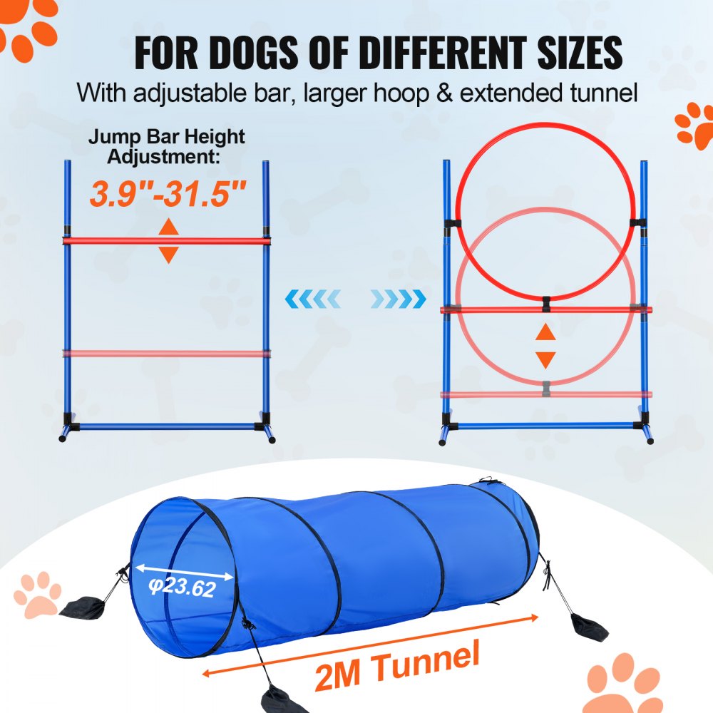 VEVOR Dog Agility Training Equipment, 5 PCS Set with Adjustable High Hurdles,6 Weave Poles, Tunnel, Jump Ring, Pause Box, Whistle, Foldable Bowl, Puppy Obstacle Course Kit with Storage Bags