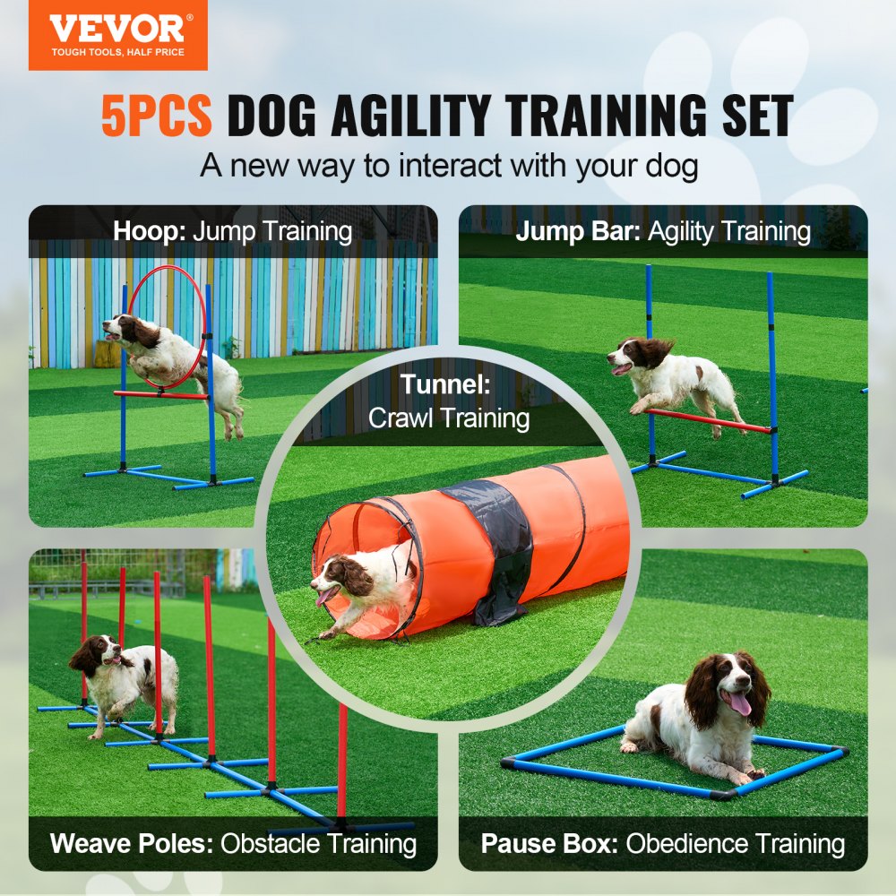 VEVOR Dog Agility Training Equipment, 5 PCS Set Upgrade with Adjustable High Hurdles,6 Weave Poles,Extended Tunnel,Jump Ring,Pause Box,Whistle,Foldable Bowl,Puppy Obstacle Course Kit with Storage Bag