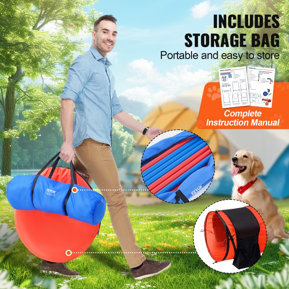 VEVOR Dog Agility Training Equipment, 5 PCS Set Upgrade with Adjustable High Hurdles,6 Weave Poles,Extended Tunnel,Jump Ring,Pause Box,Whistle,Foldable Bowl,Puppy Obstacle Course Kit with Storage Bag