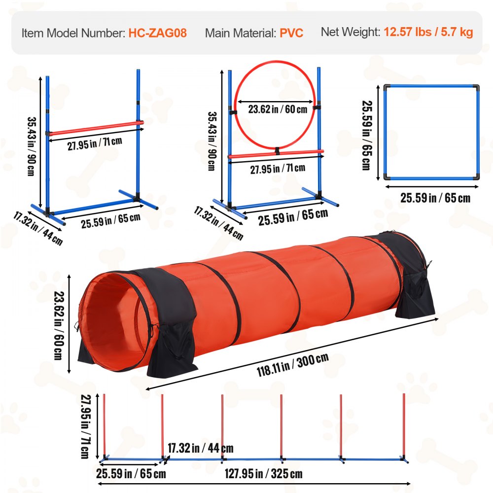 VEVOR Dog Agility Training Equipment, 5 PCS Set Upgrade with Adjustable High Hurdles,6 Weave Poles,Extended Tunnel,Jump Ring,Pause Box,Whistle,Foldable Bowl,Puppy Obstacle Course Kit with Storage Bag