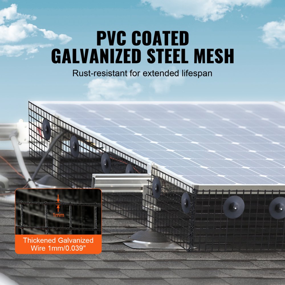 VEVOR 8 inch x 100ft Solar Panel Bird Guard, Critter Guard Roll Kit with 100pcs Aluminum Alloy Fasteners, Solar Panel Guard with Rust-proof PVC Coating, 1/2 inch Wire Roll Mesh