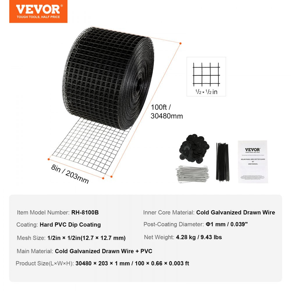 VEVOR 8 inch x 100ft Solar Panel Bird Guard, Critter Guard Roll Kit with 100pcs Aluminum Alloy Fasteners, Solar Panel Guard with Rust-proof PVC Coating, 1/2 inch Wire Roll Mesh