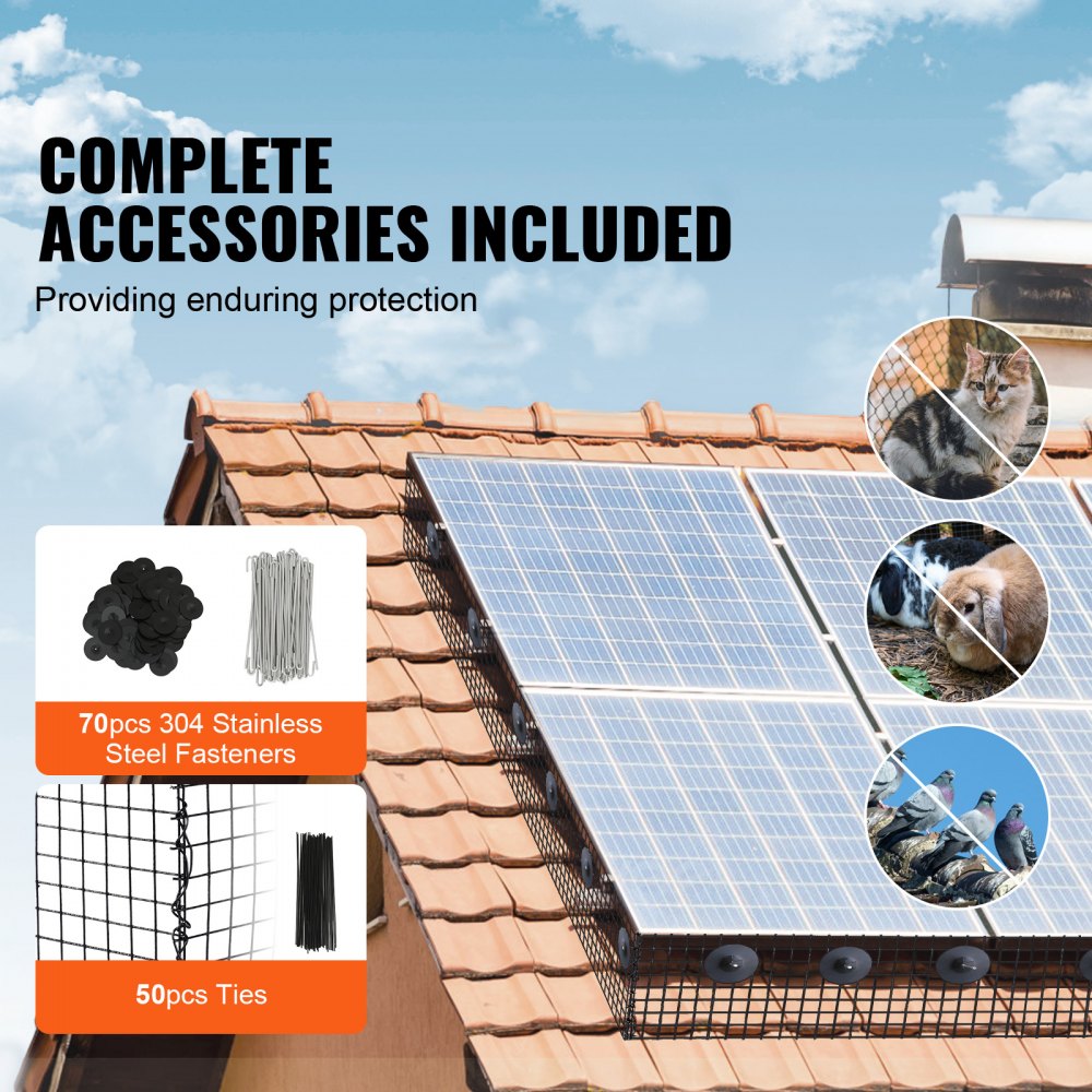 VEVOR 8 inch x 100ft Solar Panel Bird Guard, Critter Guard Roll Kit with 70pcs Aluminum Alloy Fasteners, Solar Panel Guard with Rust-proof PVC Coating, 1/2 inch Wire Roll Mesh