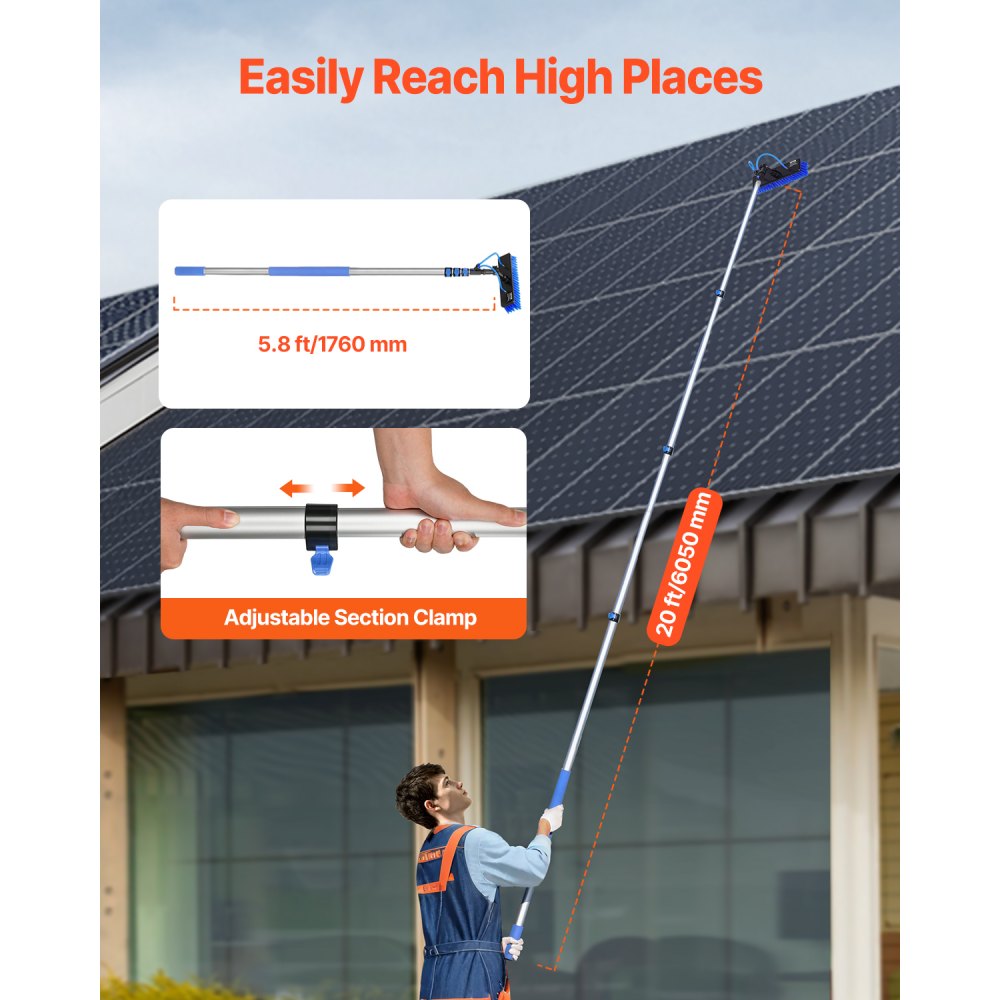 VEVOR Water Fed Pole Kit, 20FT Solar Panel Cleaning Pole with Extendable Handle, 180° Rotatable Brush Head & 65.6FT Hose, Household & Outdoor Window Cleaner Tool for Caravan Solar Panel Deck