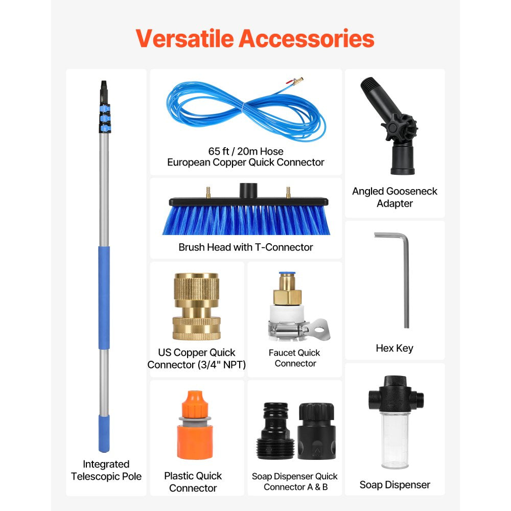 VEVOR Water Fed Pole Kit, 20FT Solar Panel Cleaning Pole with Extendable Handle, 180° Rotatable Brush Head & 65.6FT Hose, Household & Outdoor Window Cleaner Tool for Caravan Solar Panel Deck