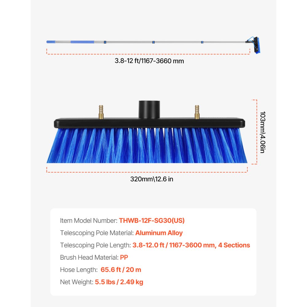 VEVOR Water Fed Pole Kit, 12FT Solar Panel Cleaning Pole with Extendable Handle, 180° Rotatable Brush Head & 65.6FT Hose, Household & Outdoor Window Cleaner Tool for Caravan Solar Panel Deck