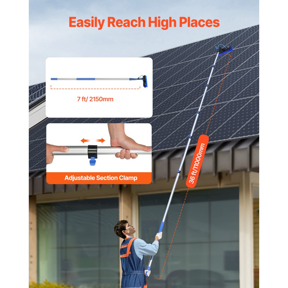 VEVOR Water Fed Pole Kit, 36FT Solar Panel Cleaning Pole with Extendable Handle, 180° Rotatable Brush Head & 65.6FT Hose, Household & Outdoor Window Cleaner Tool for Caravan Solar Panel Deck