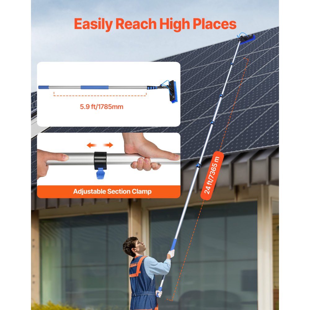 VEVOR Water Fed Pole Kit, 24FT Solar Panel Cleaning Pole with Extendable Handle, 180° Rotatable Brush Head & 65.6FT Hose, Household & Outdoor Window Cleaner Tool for Caravan Solar Panel Deck