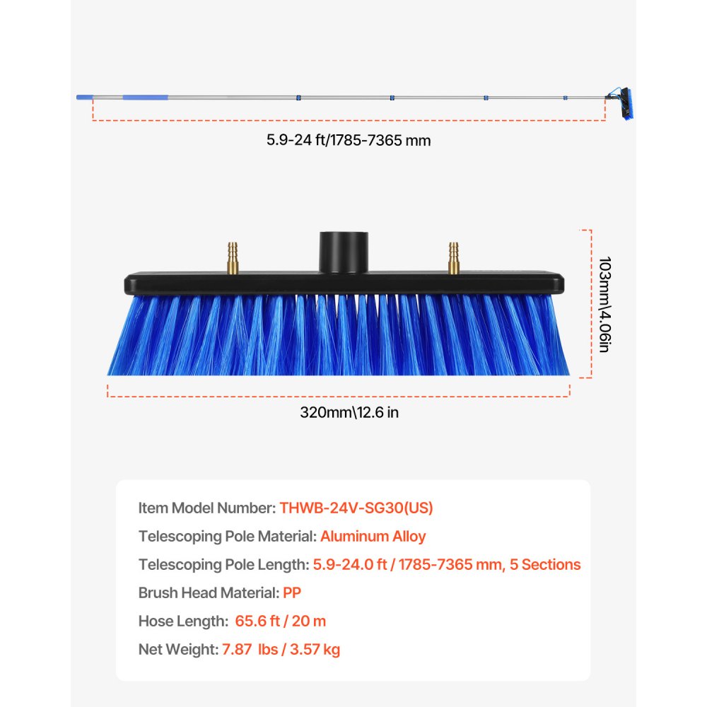 VEVOR Water Fed Pole Kit, 24FT Solar Panel Cleaning Pole with Extendable Handle, 180° Rotatable Brush Head & 65.6FT Hose, Household & Outdoor Window Cleaner Tool for Caravan Solar Panel Deck