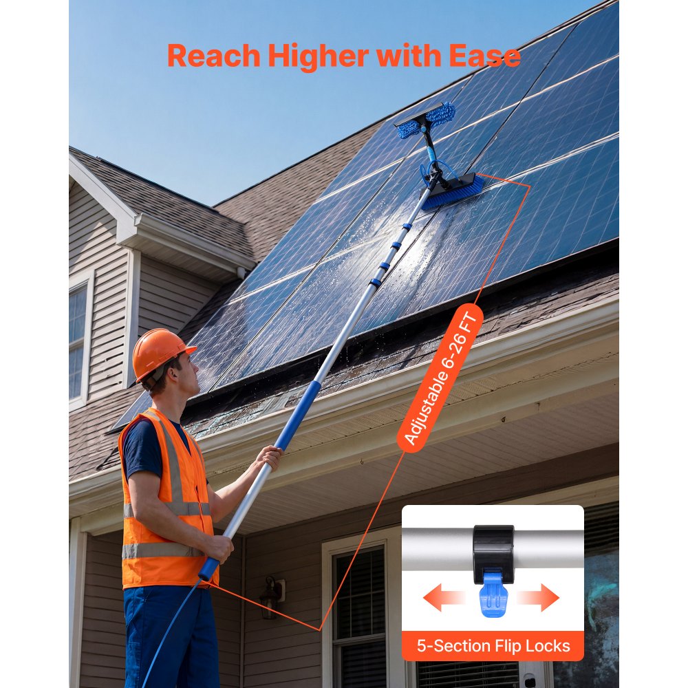 VEVOR Solar Panel Cleaning Kit, 26 ft, Water Fed Pole Kit with Cleaning Brush, Soap Dispenser, Extendable Aluminum Telescopic Pole, 180° Rotatable Brush Head, for Roof Mounted Solar Panels, Windows