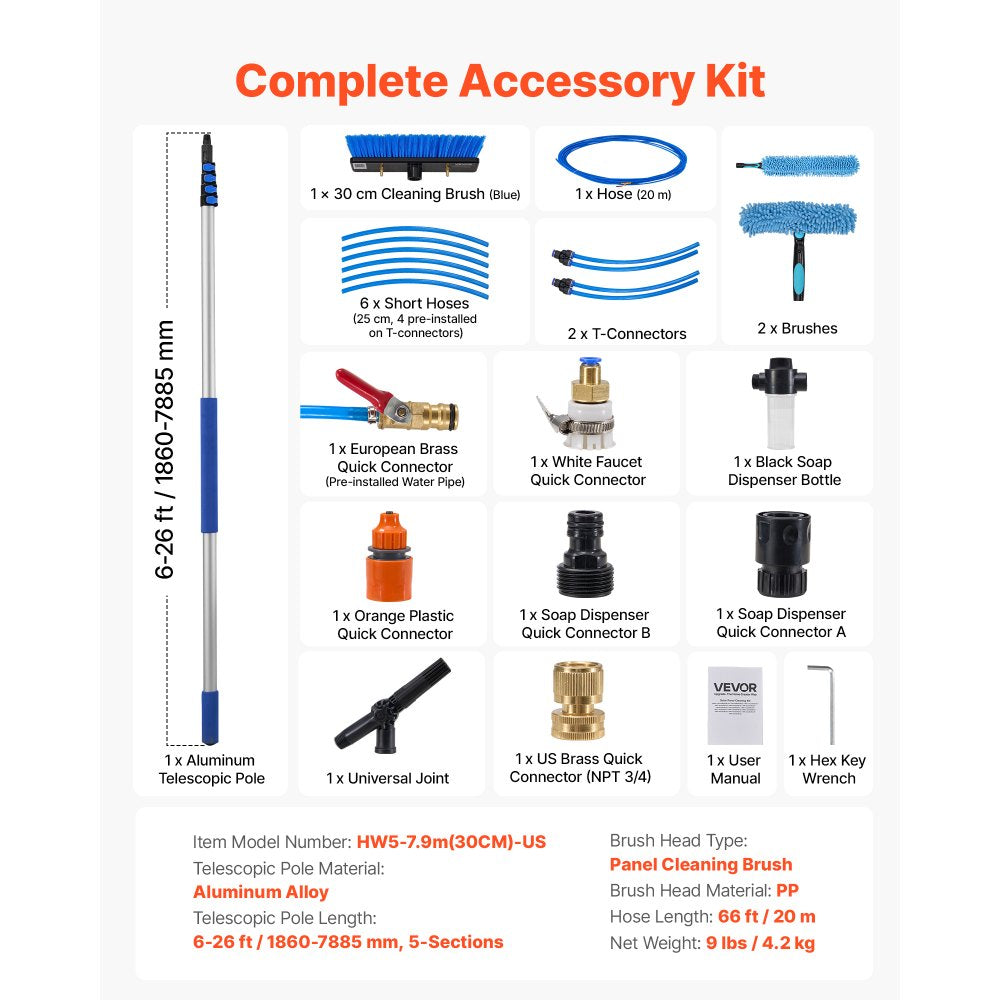 VEVOR Solar Panel Cleaning Kit, 26 ft, Water Fed Pole Kit with Cleaning Brush, Soap Dispenser, Extendable Aluminum Telescopic Pole, 180° Rotatable Brush Head, for Roof Mounted Solar Panels, Windows