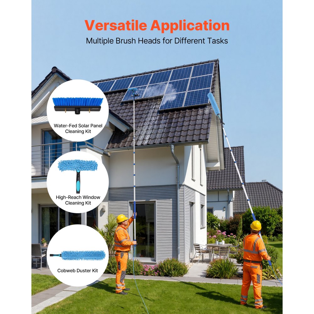 VEVOR Solar Panel Cleaning Kit, 39 ft, Water Fed Pole Kit with Cleaning Brush, Soap Dispenser, Extendable Aluminum Telescopic Pole, 180° Rotatable Brush Head, for Roof Mounted Solar Panels, Windows