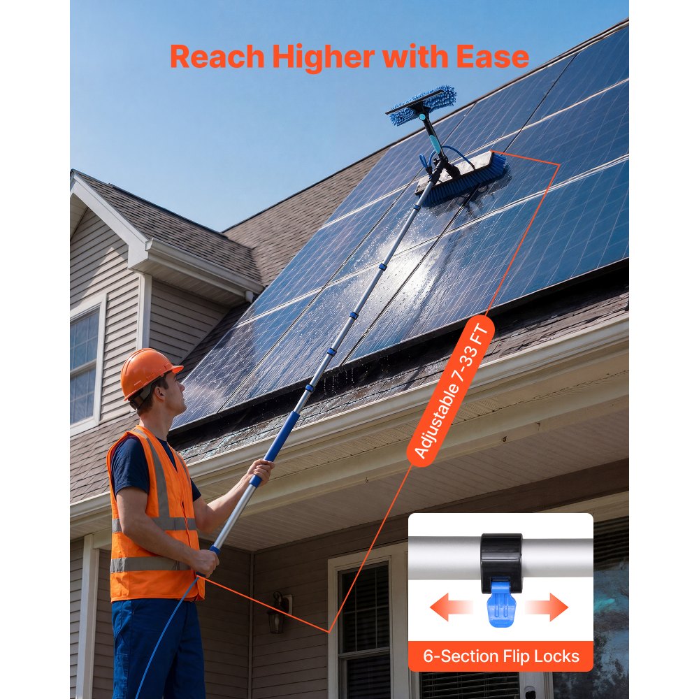 VEVOR Solar Panel Cleaning Kit, 33 ft, Water Fed Pole Kit with Cleaning Brush, Soap Dispenser, Extendable Aluminum Telescopic Pole, 180° Rotatable Brush Head, for Roof Mounted Solar Panels, Windows