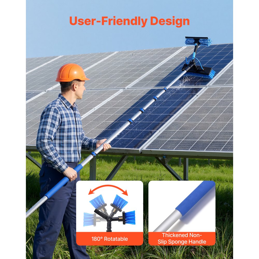 VEVOR Solar Panel Cleaning Kit, 33 ft, Water Fed Pole Kit with Cleaning Brush, Soap Dispenser, Extendable Aluminum Telescopic Pole, 180° Rotatable Brush Head, for Roof Mounted Solar Panels, Windows