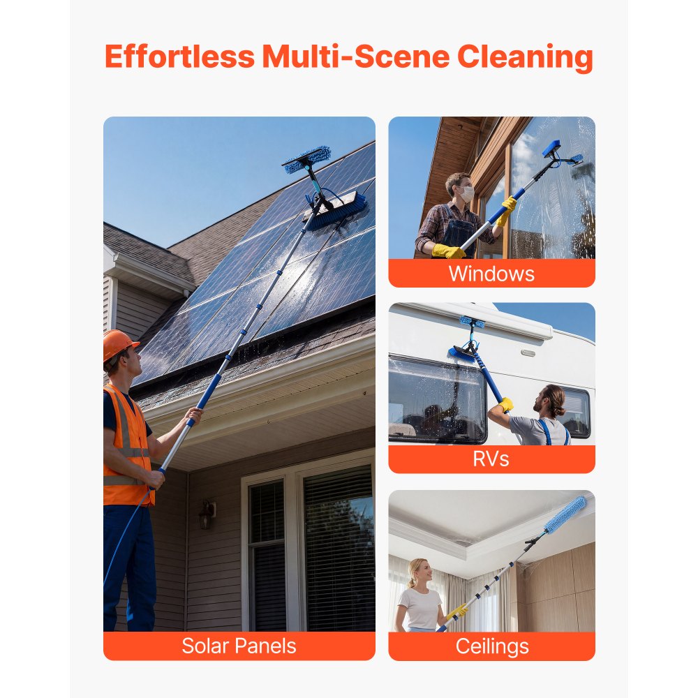 VEVOR Solar Panel Cleaning Kit, 33 ft, Water Fed Pole Kit with Cleaning Brush, Soap Dispenser, Extendable Aluminum Telescopic Pole, 180° Rotatable Brush Head, for Roof Mounted Solar Panels, Windows