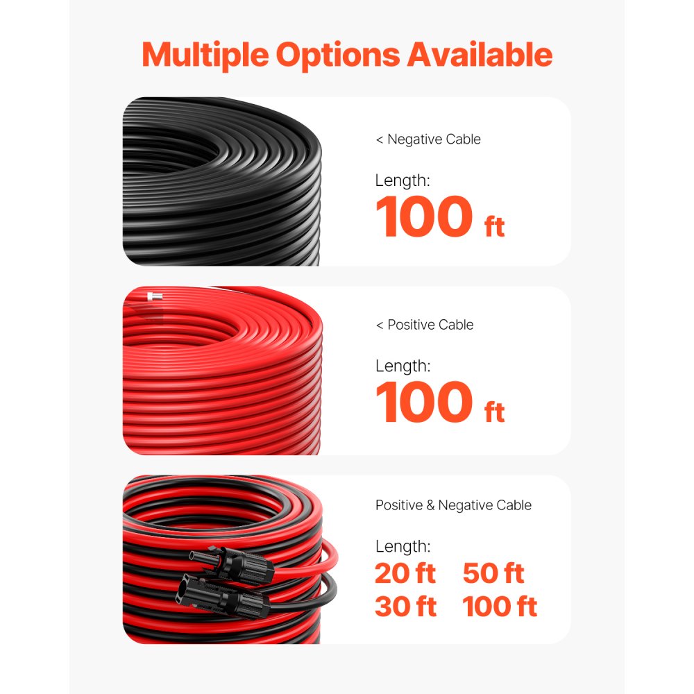 VEVOR 100FT Solar Panel Extension Cable 10AWG Waterproof PV 6mm² Cable Red