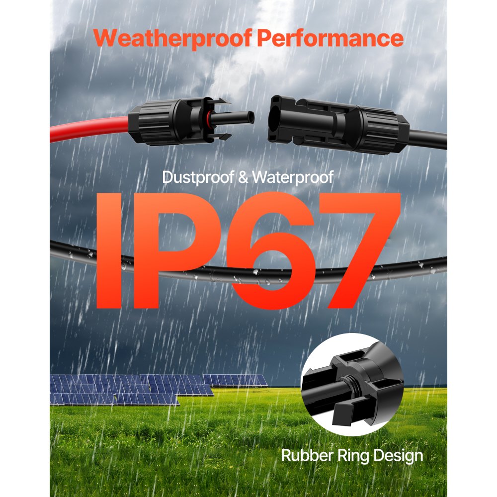 VEVOR 100FT Solar Panel Extension Cable, 10AWG Solar Extension Cable Wire with Female & Male Waterproof Connectors, 6mm² PV Cable for Home, Ship and RV Solar Panels, 100FT Black + 100FT Red (Set of 2)