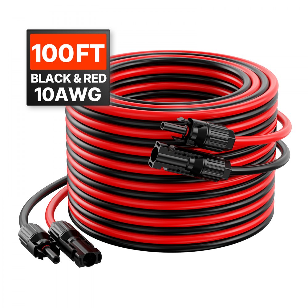VEVOR 100FT Solar Panel Extension Cable, 10AWG Solar Extension Cable Wire with Female & Male Waterproof Connectors, 6mm² PV Cable for Home, Ship and RV Solar Panels, 100FT Black + 100FT Red (Set of 2)