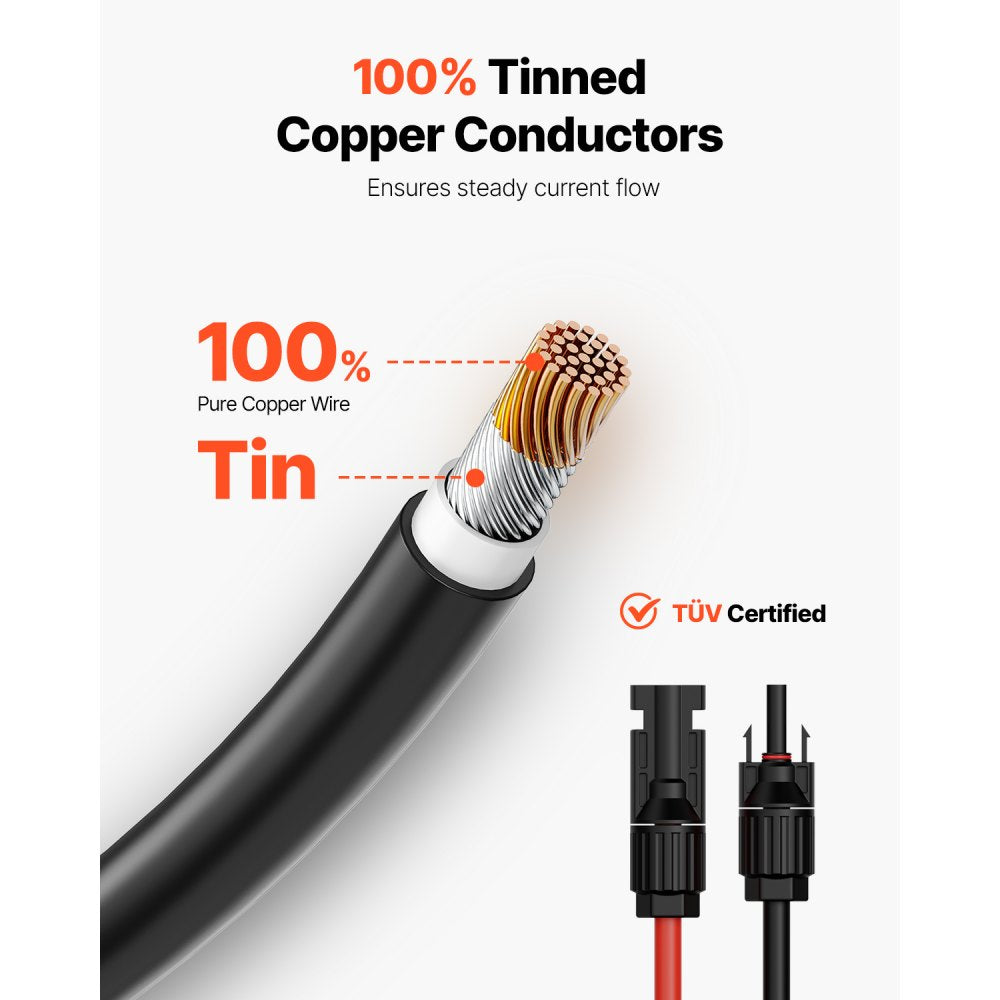VEVOR 20FT Solar Panel Extension Cable, 10AWG Solar Extension Cable Wire with Female & Male Waterproof Connectors, 6mm² PV Cable for Home, Ship and RV Solar Panels, 20FT Black + 20FT Red (Set of 2)