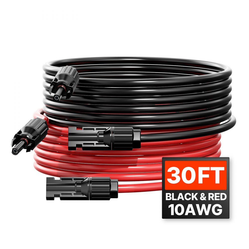 VEVOR 30FT Solar Panel Extension Cable, 10AWG Solar Extension Cable Wire with Female & Male Waterproof Connectors, 6mm² PV Cable for Home, Ship and RV Solar Panels, 30FT Black + 30FT Red (Set of 2)