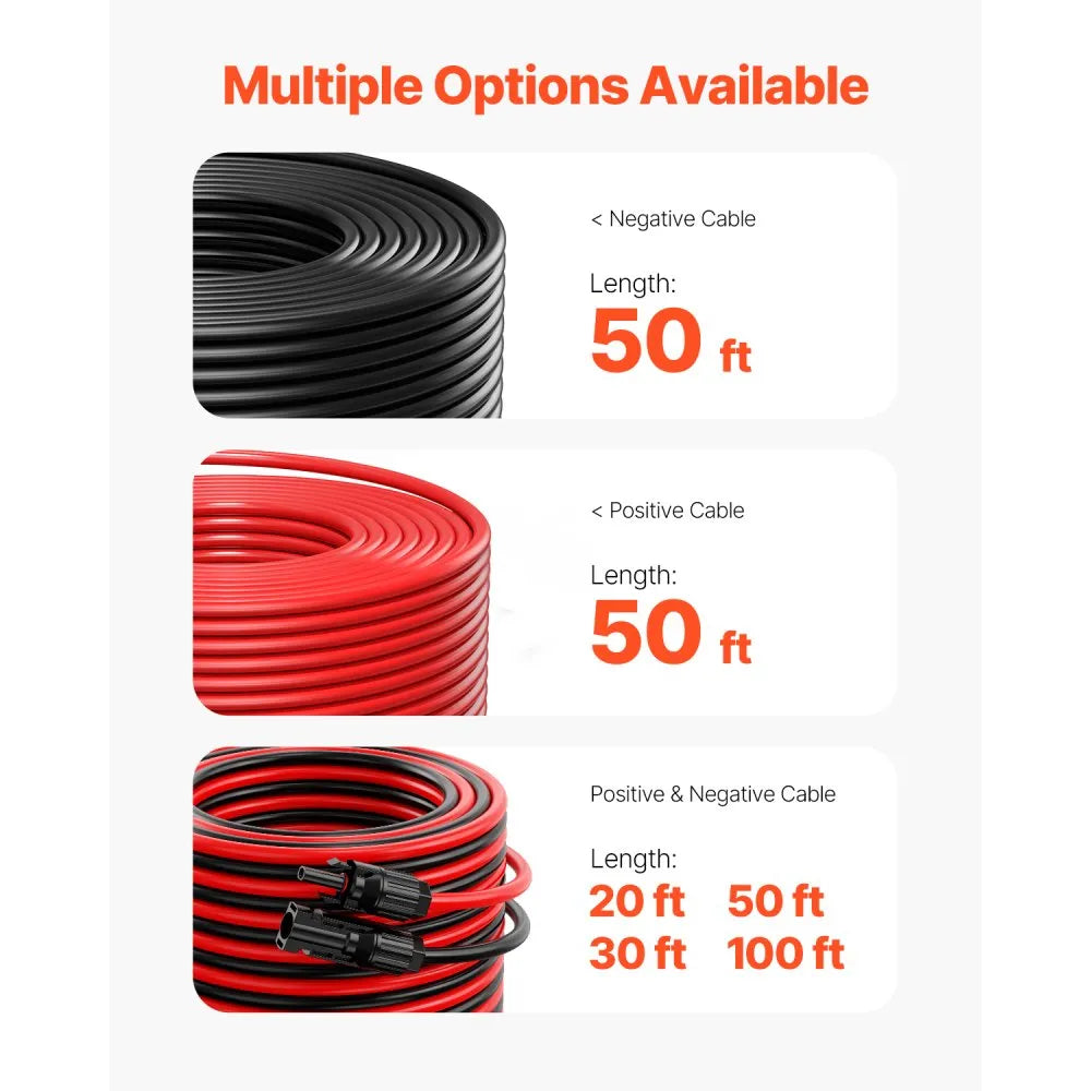 VEVOR 50FT Solar Panel Extension Cable, 10AWG Solar Extension Cable Wire with Female & Male Waterproof Connectors, 6mm² PV Cable for Home, Ship and RV Solar Panels, 50FT Black + 50FT Red (Set of 2)