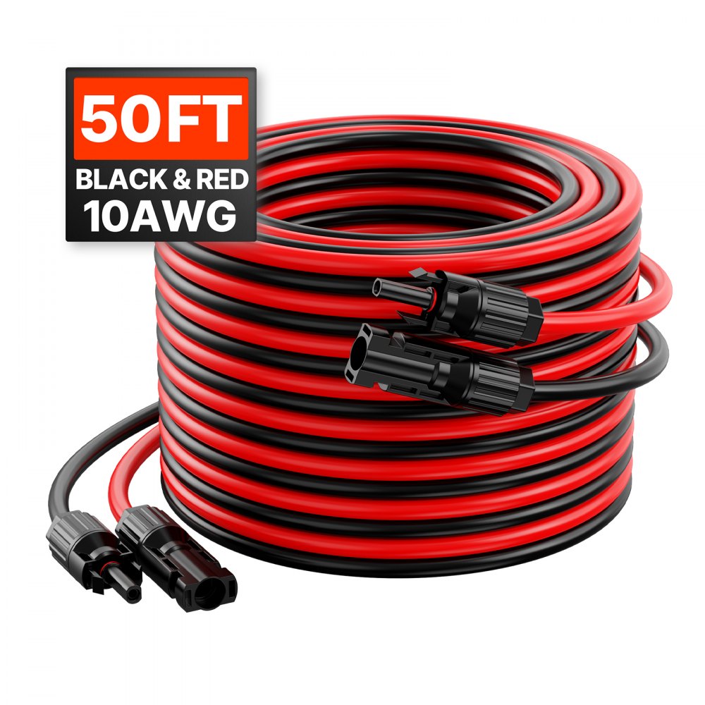 VEVOR 50FT Solar Panel Extension Cable, 10AWG Solar Extension Cable Wire with Female & Male Waterproof Connectors, 6mm² PV Cable for Home, Ship and RV Solar Panels, 50FT Black + 50FT Red (Set of 2)
