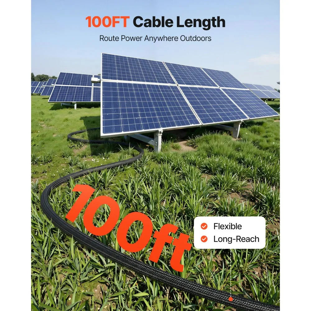 VEVOR 100FT Solar Panel Extension Cable, 10 AWG, Solar Panel Wire with Flame Retardant Protective Sleeving, Female and Male Connectors, IP67 Waterproof PV Wire, for Outdoor Automotive RV, Black & Red