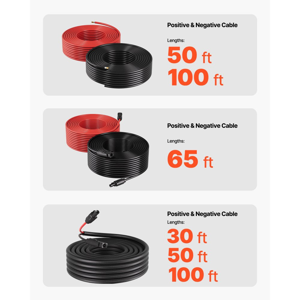 VEVOR 100FT Solar Panel Extension Cable, 10 AWG, Solar Panel Wire with Flame Retardant Protective Sleeving, Female and Male Connectors, IP67 Waterproof PV Wire, for Outdoor Automotive RV, Black & Red