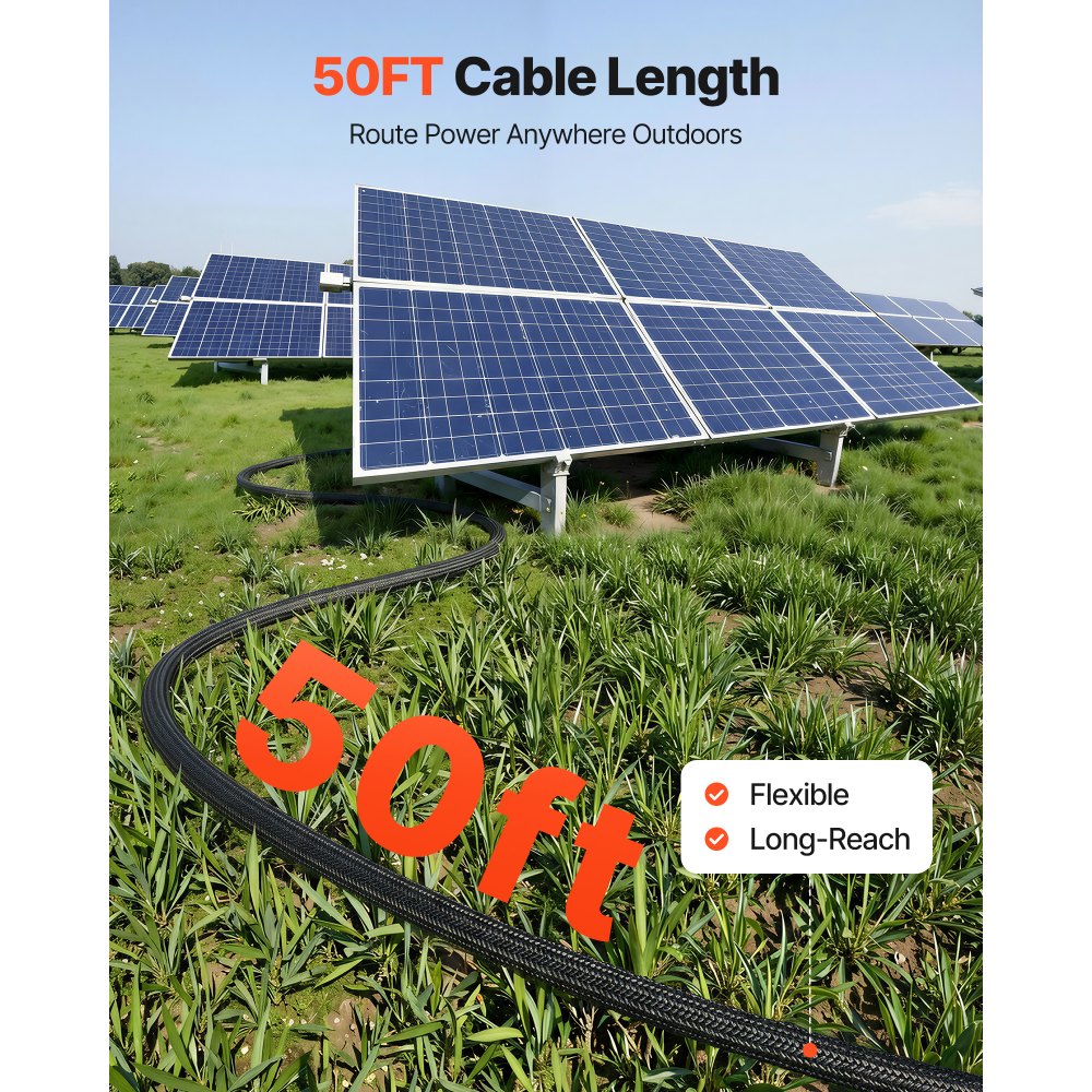 VEVOR 50FT Solar Panel Extension Cable, 10 AWG, Solar Panel Wire with Flame Retardant Protective Sleeving, Female and Male Connectors, IP67 Waterproof PV Wire, for Outdoor Automotive RV, Black & Red
