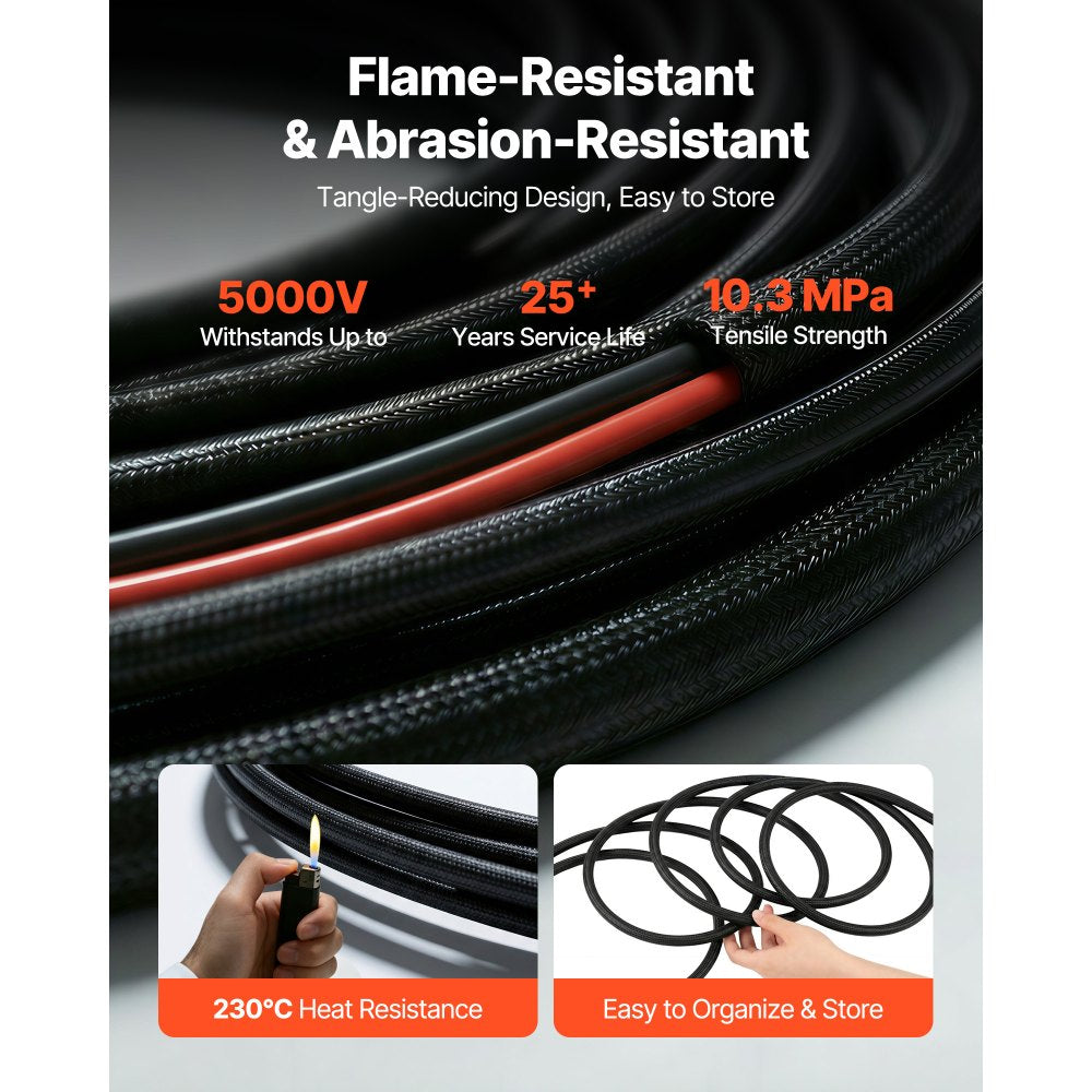 VEVOR 30FT Solar Panel Extension Cable, 10 AWG, Solar Panel Wire with Flame Retardant Protective Sleeving, Female and Male Connectors, IP67 Waterproof PV Wire, for Outdoor Automotive RV, Black & Red