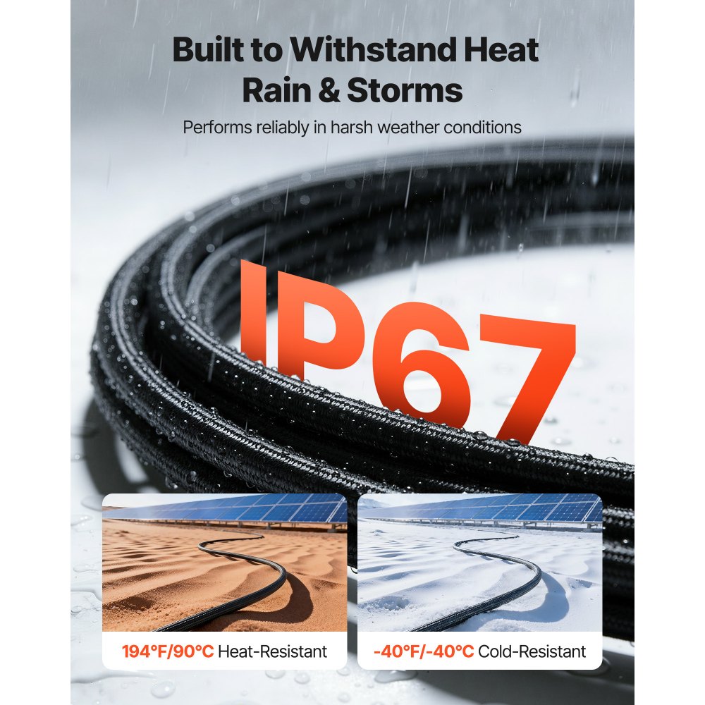 VEVOR 30FT Solar Panel Extension Cable, 10 AWG, Solar Panel Wire with Flame Retardant Protective Sleeving, Female and Male Connectors, IP67 Waterproof PV Wire, for Outdoor Automotive RV, Black & Red