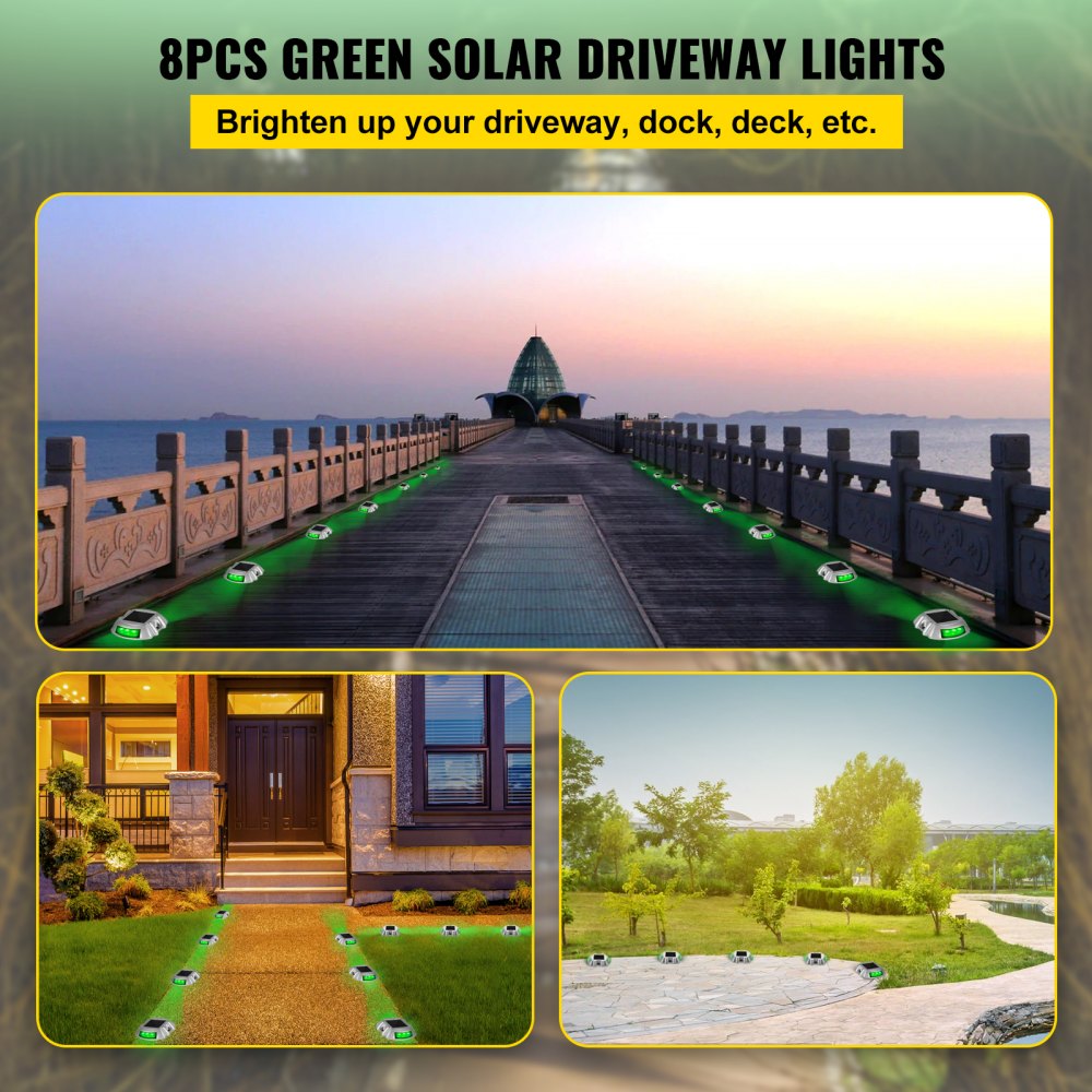 Vevor Driveway Lights, 8-Pack Solar Driveway Lights with Switch Button, Solar Deck Lights Waterproof, Wireless Dock Lights 6 LEDs for Path Warning Garden Walkway Sidewalk Steps, LED Bright Green